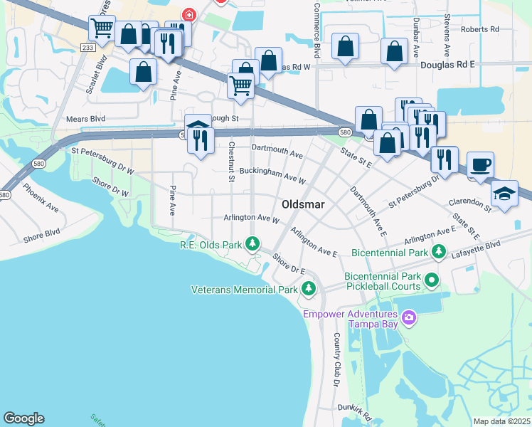 map of restaurants, bars, coffee shops, grocery stores, and more near 601 South Bayview Boulevard in Oldsmar