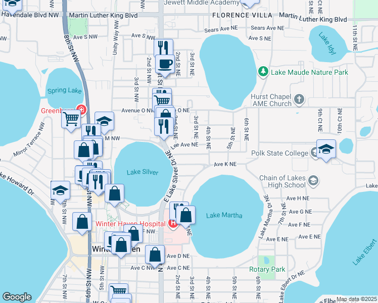 map of restaurants, bars, coffee shops, grocery stores, and more near 247 Avenue L Northeast in Winter Haven