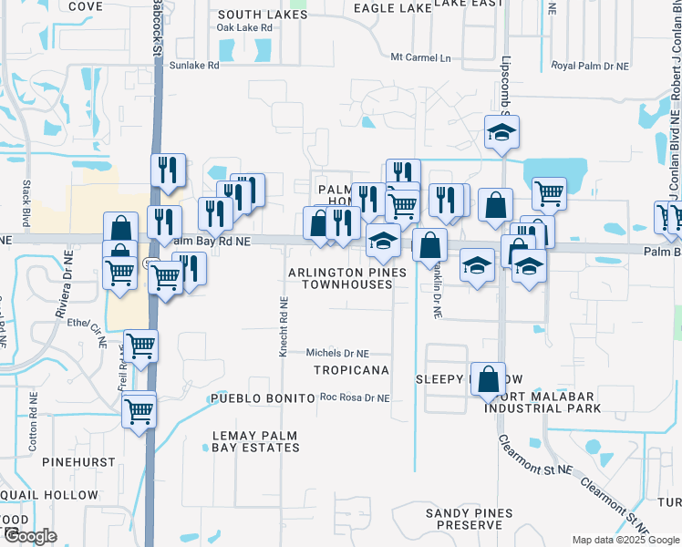 map of restaurants, bars, coffee shops, grocery stores, and more near 1300 Arlington Lane Northeast in Palm Bay