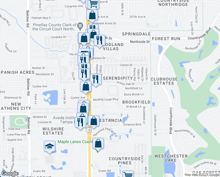 map of restaurants, bars, coffee shops, grocery stores, and more near 2500 Winding Creek Boulevard in Clearwater