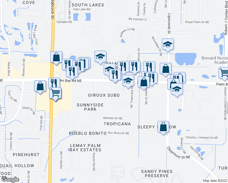 map of restaurants, bars, coffee shops, grocery stores, and more near 1300 Arlington Lane Northeast in Palm Bay