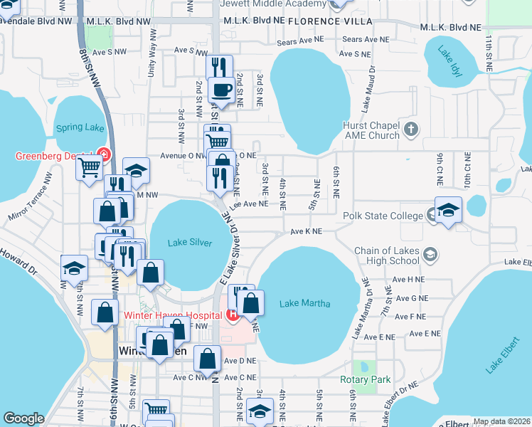 map of restaurants, bars, coffee shops, grocery stores, and more near 247 Avenue L Northeast in Winter Haven
