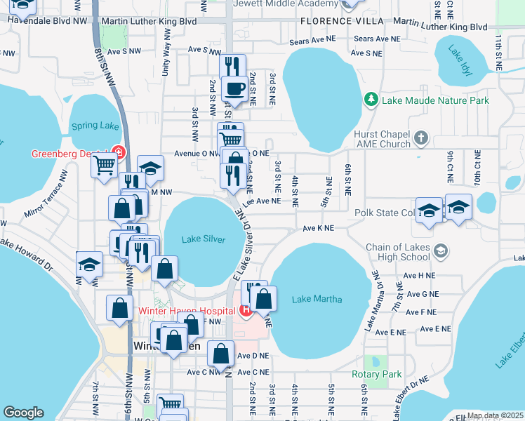 map of restaurants, bars, coffee shops, grocery stores, and more near 247 Avenue L Northeast in Winter Haven