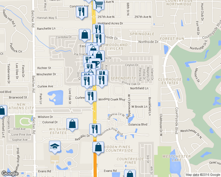 map of restaurants, bars, coffee shops, grocery stores, and more near 2500 Winding Creek Boulevard in Clearwater