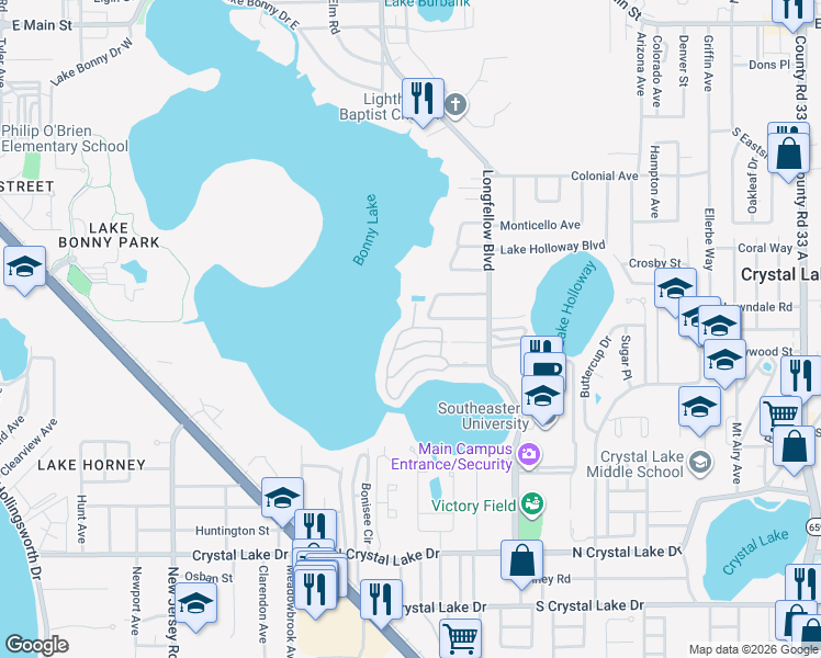 map of restaurants, bars, coffee shops, grocery stores, and more near 116 Bonny Shores Drive in Lakeland
