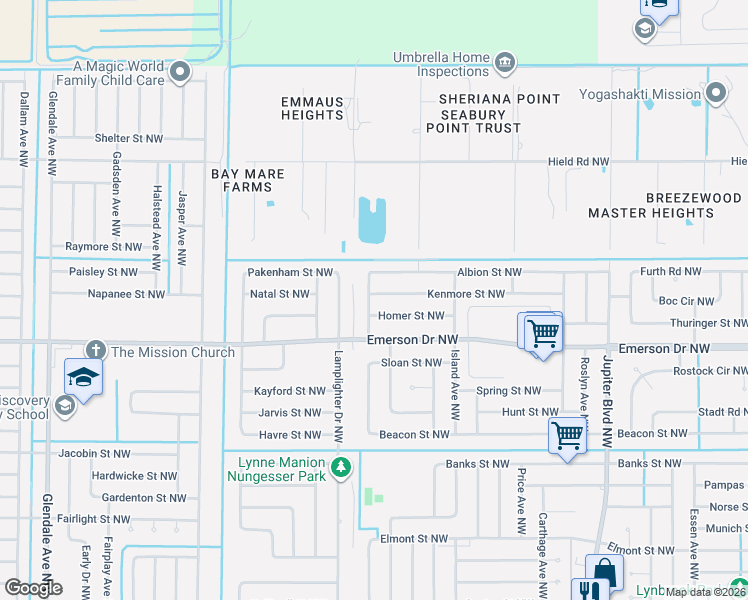 map of restaurants, bars, coffee shops, grocery stores, and more near 1199 Homer Street Northwest in Palm Bay
