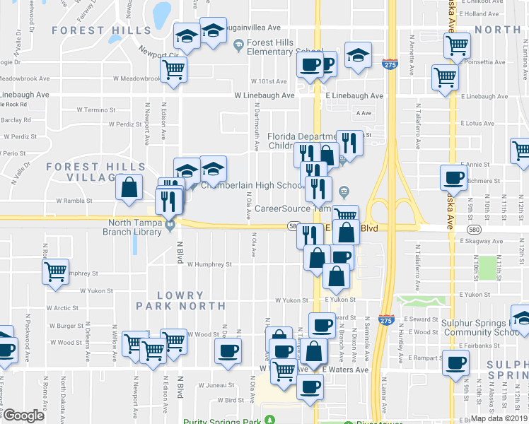 map of restaurants, bars, coffee shops, grocery stores, and more near 304 West Hamiller Avenue in Tampa