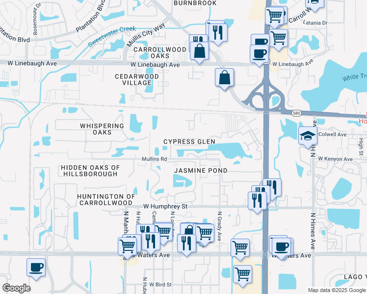 map of restaurants, bars, coffee shops, grocery stores, and more near 8811 Cypress Hammock Drive in Tampa