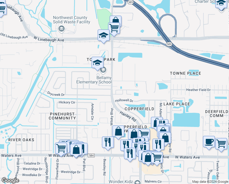 map of restaurants, bars, coffee shops, grocery stores, and more near 7603 Timberstone Drive in Tampa