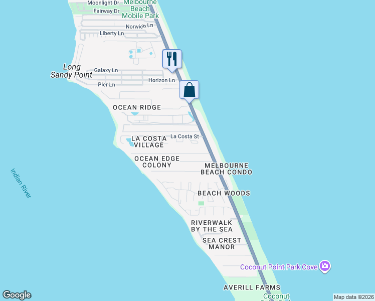 map of restaurants, bars, coffee shops, grocery stores, and more near 205 Richards Road in Melbourne Beach