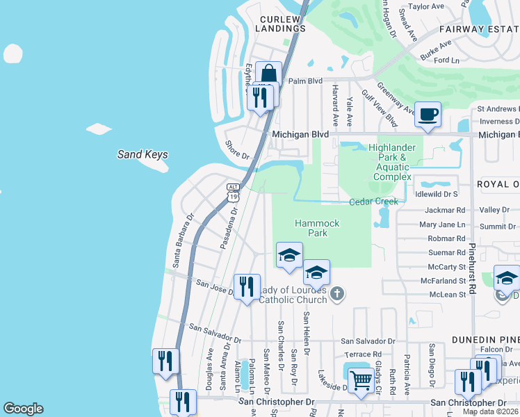map of restaurants, bars, coffee shops, grocery stores, and more near 1861 Douglas Avenue in Dunedin