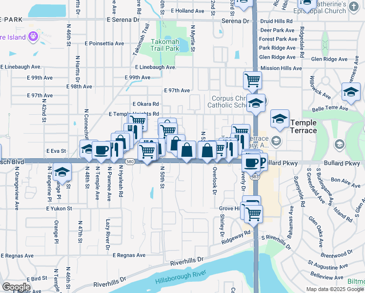 map of restaurants, bars, coffee shops, grocery stores, and more near 5039 Chalet Court in Tampa