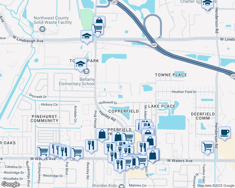 map of restaurants, bars, coffee shops, grocery stores, and more near 7501 Stillridge Drive in Tampa