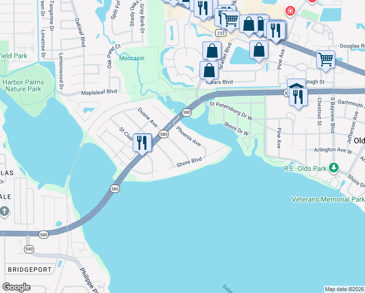map of restaurants, bars, coffee shops, grocery stores, and more near 3087 Duane Avenue in Oldsmar