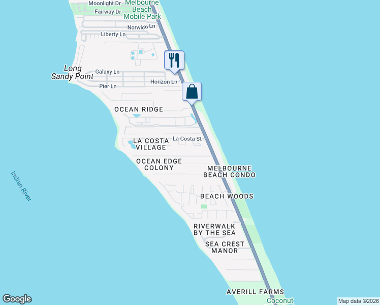 map of restaurants, bars, coffee shops, grocery stores, and more near 205 Richards Road in Melbourne Beach