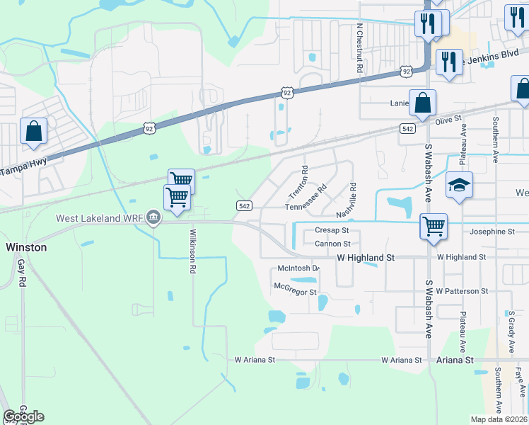 map of restaurants, bars, coffee shops, grocery stores, and more near 2607 Gallatin Road in Lakeland
