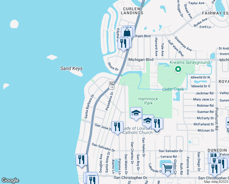 map of restaurants, bars, coffee shops, grocery stores, and more near 1820 Pasadena Drive in Dunedin