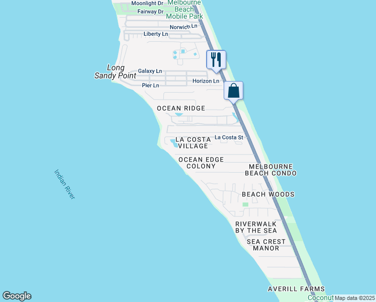 map of restaurants, bars, coffee shops, grocery stores, and more near 340 Richards Road in Melbourne Beach