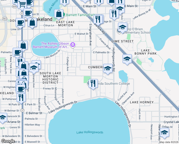 map of restaurants, bars, coffee shops, grocery stores, and more near 827 South Ingraham Avenue in Lakeland