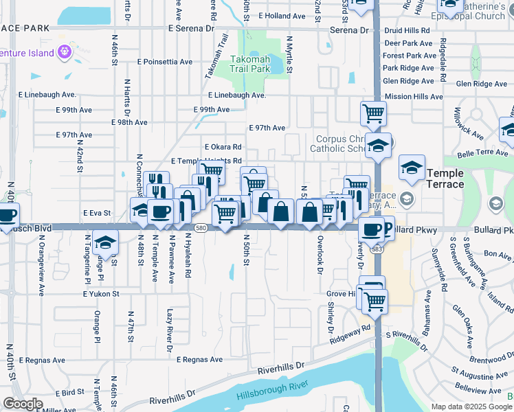 map of restaurants, bars, coffee shops, grocery stores, and more near 5000-5012 Chalet Court in Tampa