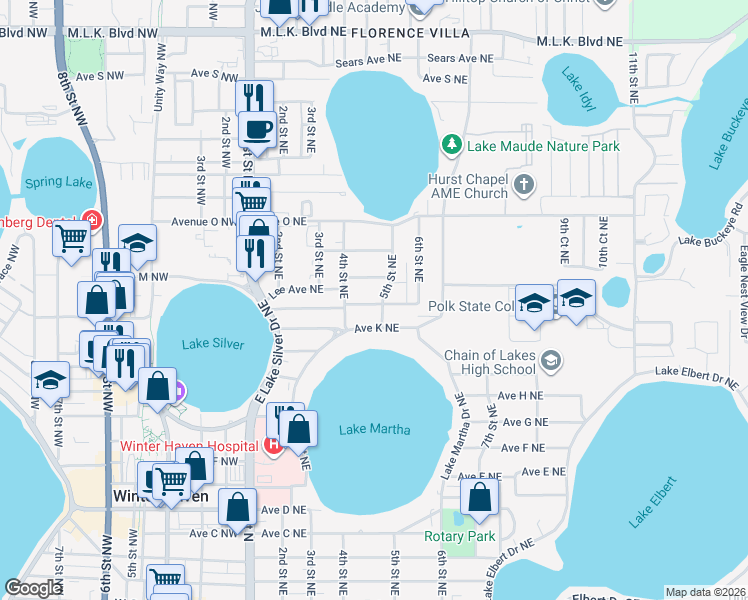 map of restaurants, bars, coffee shops, grocery stores, and more near 1135 5th Street Northeast in Winter Haven