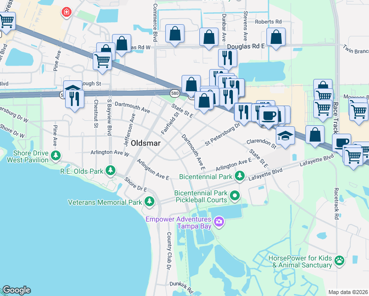 map of restaurants, bars, coffee shops, grocery stores, and more near 207 Buckingham Avenue East in Oldsmar