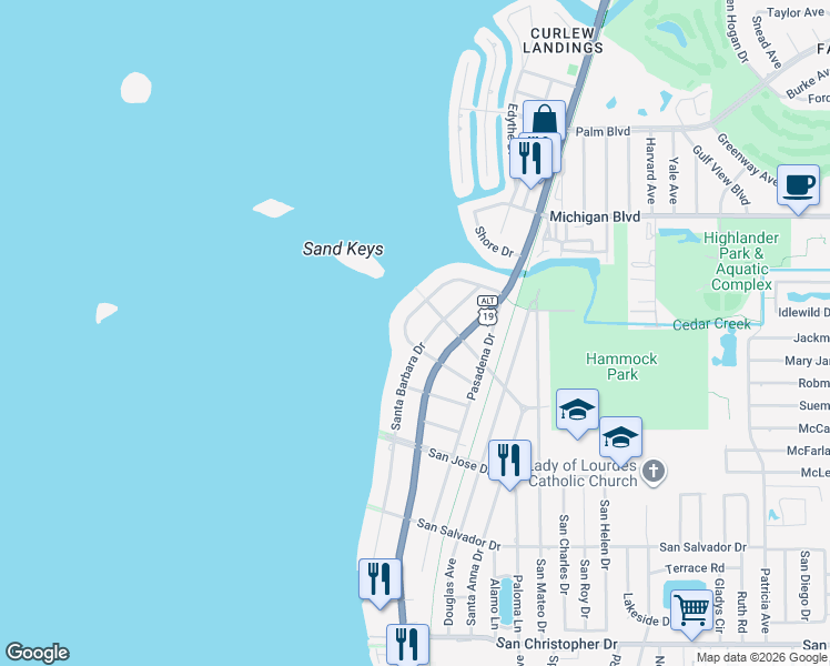 map of restaurants, bars, coffee shops, grocery stores, and more near 156 Buena Vista Drive South in Dunedin