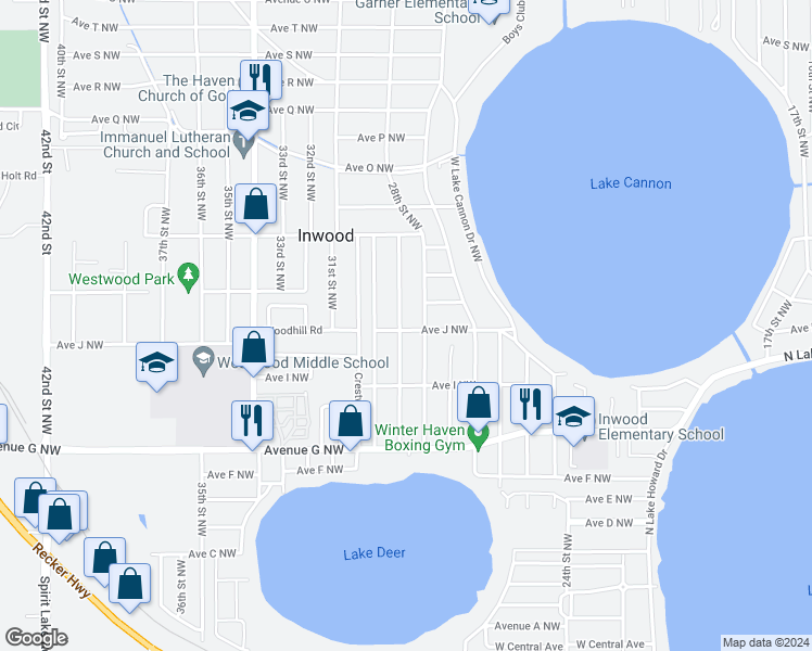 map of restaurants, bars, coffee shops, grocery stores, and more near 2724 Avenue J Northwest in Winter Haven