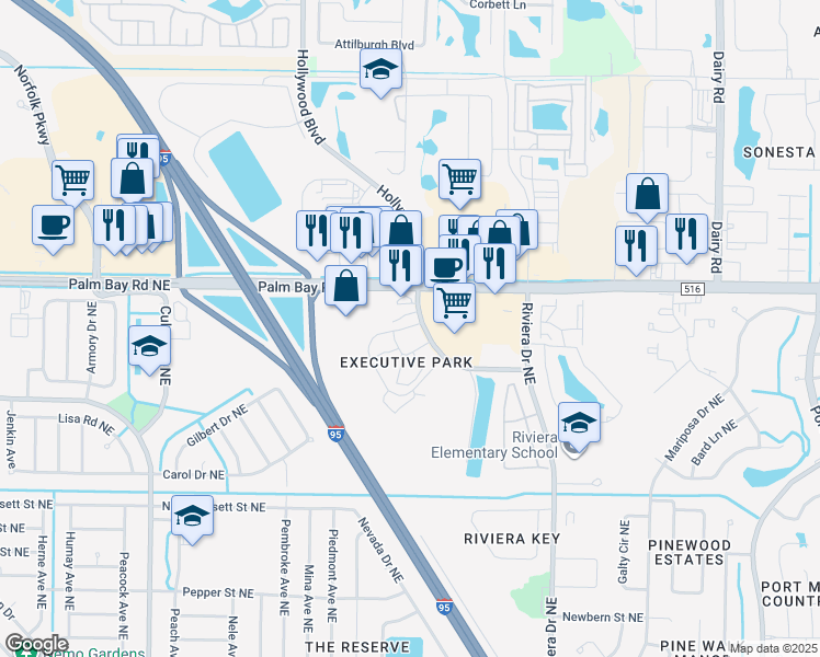 map of restaurants, bars, coffee shops, grocery stores, and more near 1451 Executive Circle Northeast in Palm Bay