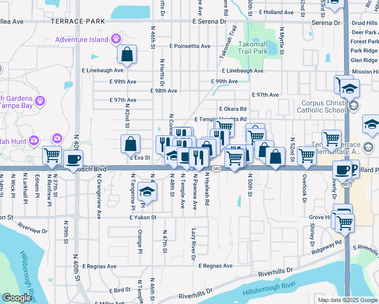 map of restaurants, bars, coffee shops, grocery stores, and more near 4805 Sandra Drive in Tampa