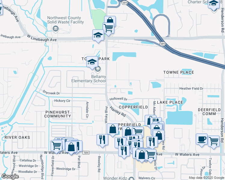 map of restaurants, bars, coffee shops, grocery stores, and more near 7603 Timberstone Drive in Tampa