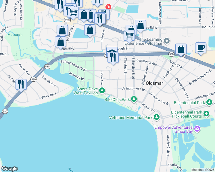 map of restaurants, bars, coffee shops, grocery stores, and more near 507 Pine Avenue in Oldsmar