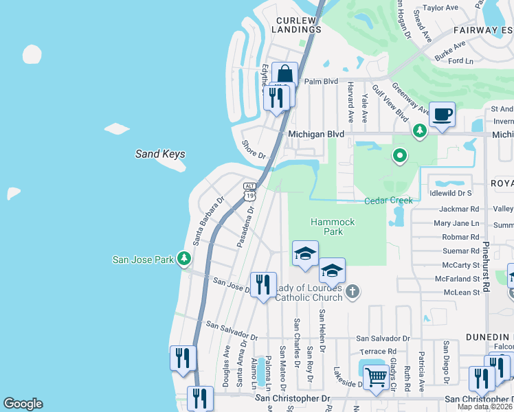 map of restaurants, bars, coffee shops, grocery stores, and more near 1820 Pasadena Drive in Dunedin