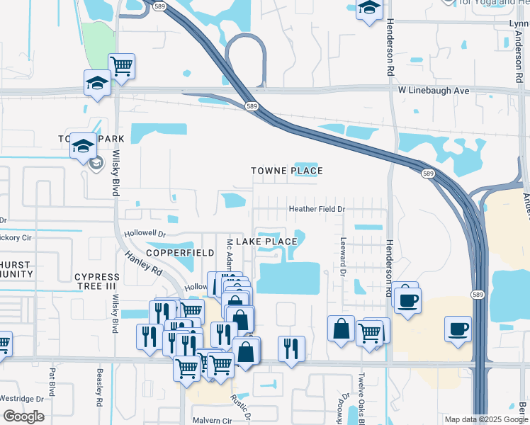 map of restaurants, bars, coffee shops, grocery stores, and more near 8805 Covered Bridge Court in Tampa