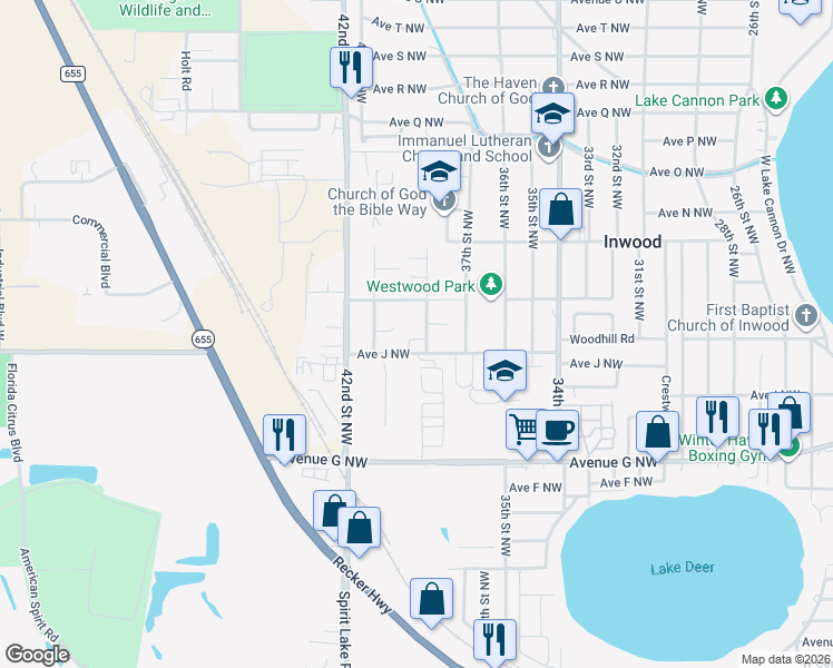 map of restaurants, bars, coffee shops, grocery stores, and more near 3801 Avenue J Northwest in Winter Haven