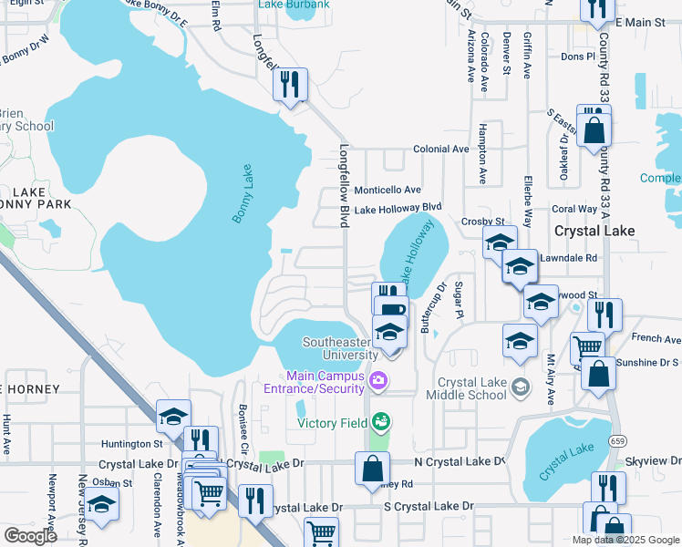 map of restaurants, bars, coffee shops, grocery stores, and more near 817 Longfellow Boulevard in Lakeland
