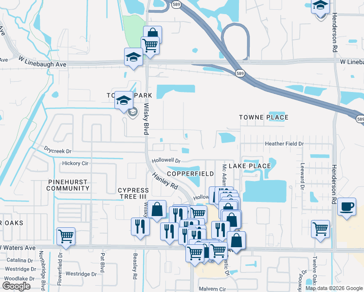 map of restaurants, bars, coffee shops, grocery stores, and more near 7504 Timberstone Drive in Tampa