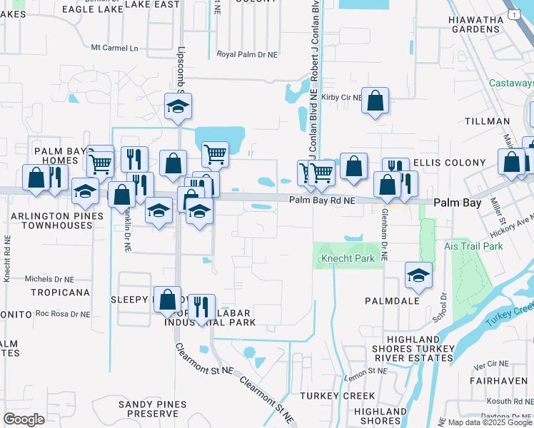 map of restaurants, bars, coffee shops, grocery stores, and more near 2400 Palm Bay Road Northeast in Palm Bay