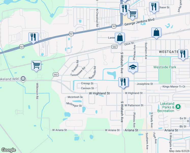map of restaurants, bars, coffee shops, grocery stores, and more near 840 Nashville Road in Lakeland