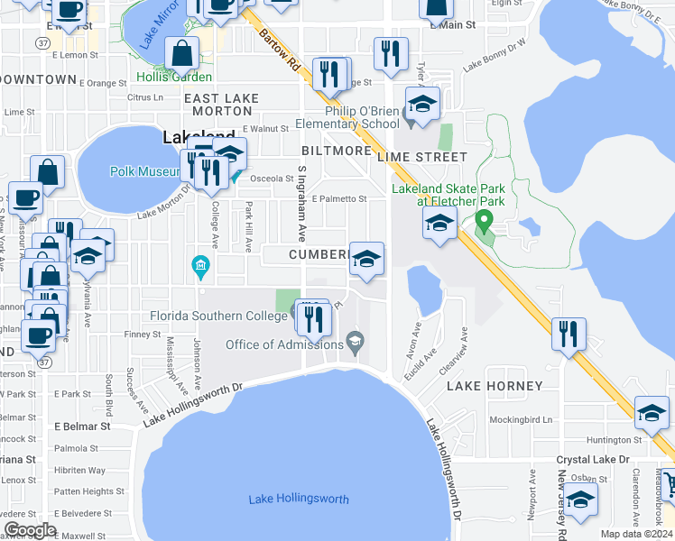 map of restaurants, bars, coffee shops, grocery stores, and more near 1037 Lexington Street in Lakeland