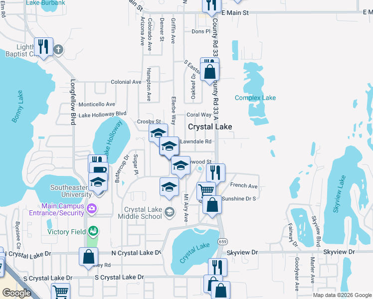 map of restaurants, bars, coffee shops, grocery stores, and more near 2431 Ellerbe Way in Lakeland