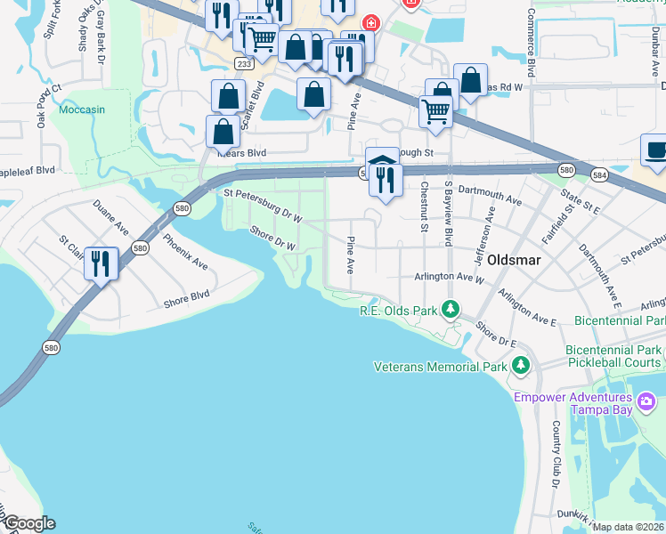 map of restaurants, bars, coffee shops, grocery stores, and more near 509 Oakwood Boulevard in Oldsmar
