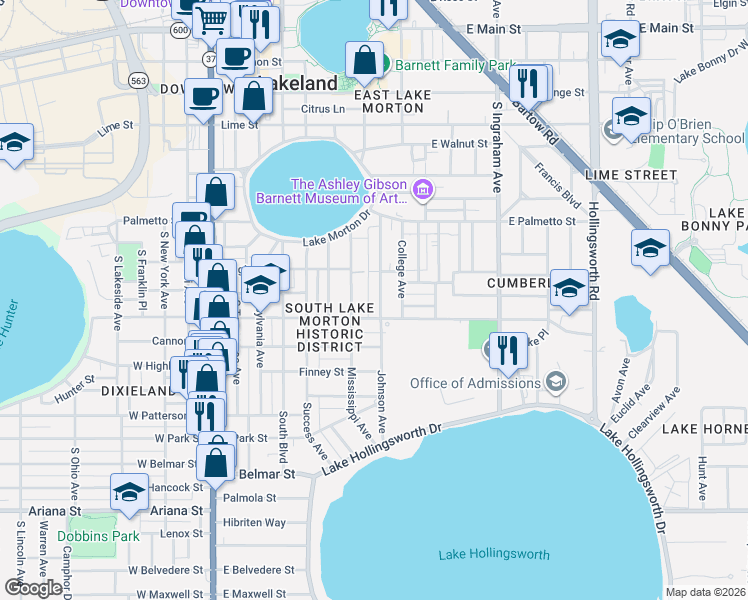 map of restaurants, bars, coffee shops, grocery stores, and more near 840 Johnson Avenue in Lakeland