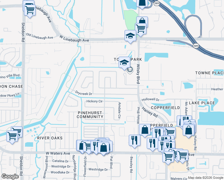 map of restaurants, bars, coffee shops, grocery stores, and more near 8237 Drycreek Drive in Tampa
