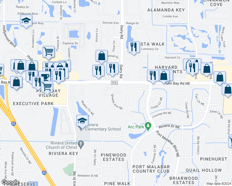 map of restaurants, bars, coffee shops, grocery stores, and more near 1421 Sheafe Avenue Northeast in Palm Bay