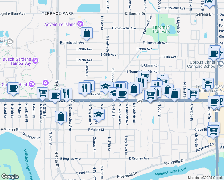 map of restaurants, bars, coffee shops, grocery stores, and more near 9210 North Connechusett Road in Tampa