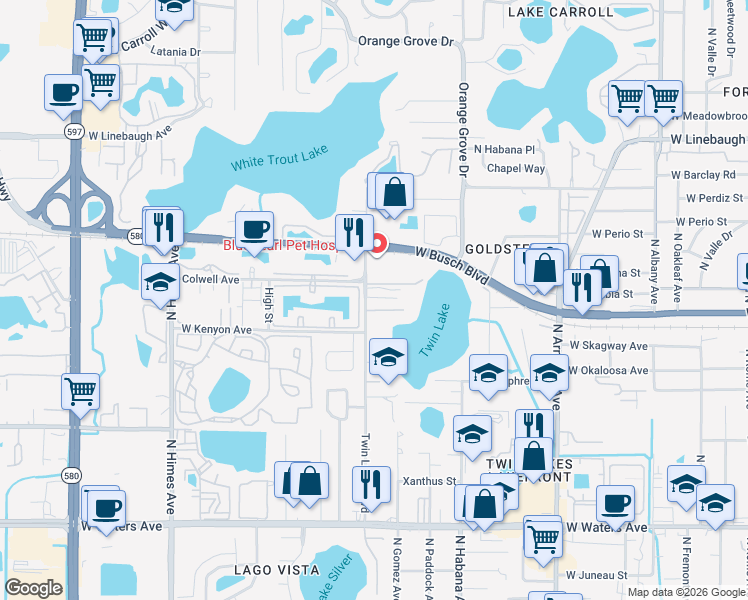 map of restaurants, bars, coffee shops, grocery stores, and more near 8709 Twin Lakes Boulevard in Tampa