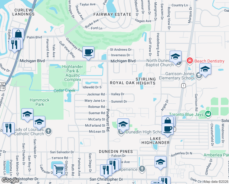 map of restaurants, bars, coffee shops, grocery stores, and more near 1773 Pinehurst Road in Dunedin