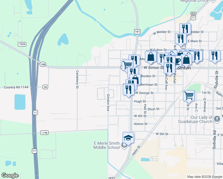 map of restaurants, bars, coffee shops, grocery stores, and more near in Sinton
