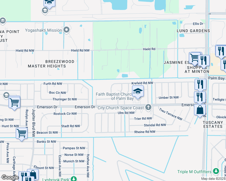 map of restaurants, bars, coffee shops, grocery stores, and more near 565 Krefeld Road Northwest in Palm Bay